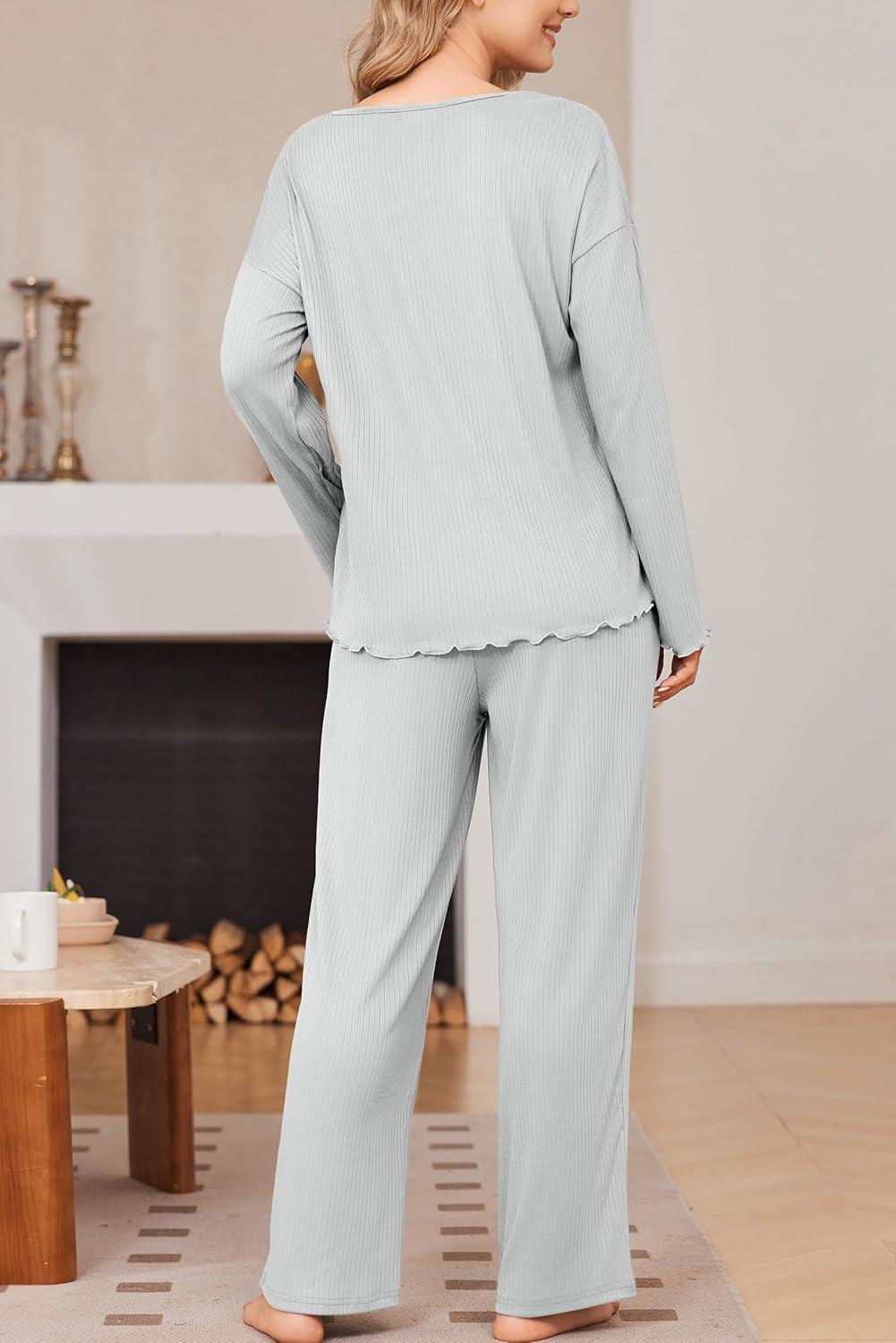 imageEkouaer Womens Pajama Set Ribbed Knit PJs 2 Piece Lounge Set Long Sleeve Top and Pants Comfy Sleepwear with PocketsLight Grey