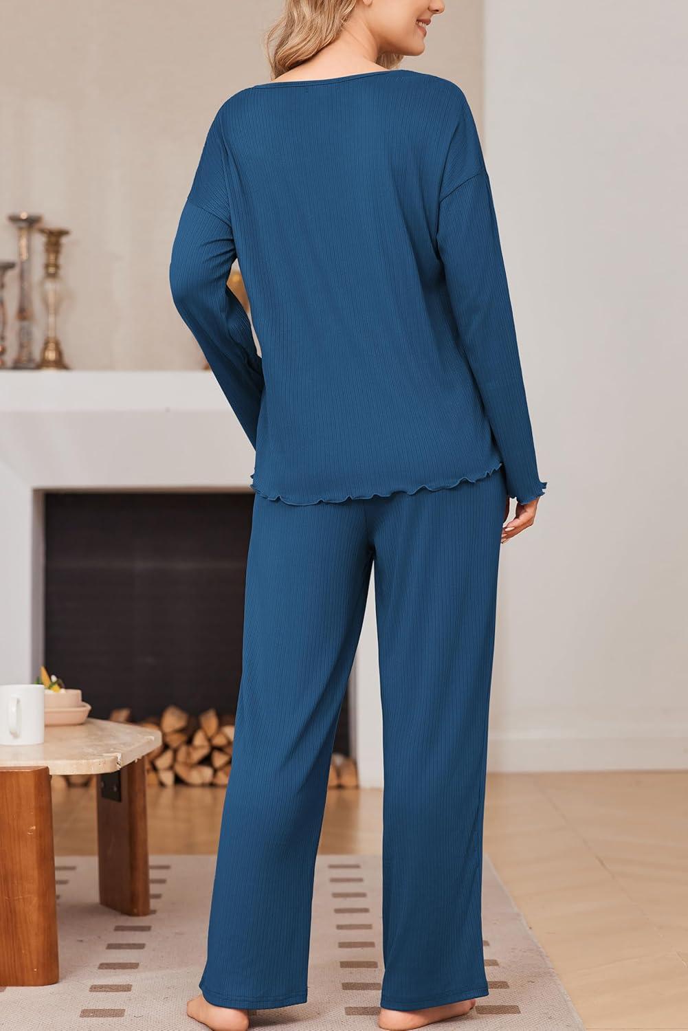 imageEkouaer Womens Pajama Set Ribbed Knit PJs 2 Piece Lounge Set Long Sleeve Top and Pants Comfy Sleepwear with PocketsNavy Blue