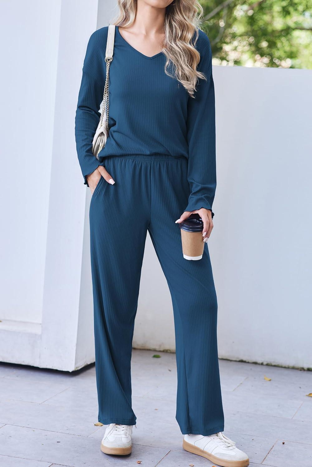 imageEkouaer Womens Pajama Set Ribbed Knit PJs 2 Piece Lounge Set Long Sleeve Top and Pants Comfy Sleepwear with PocketsNavy Blue