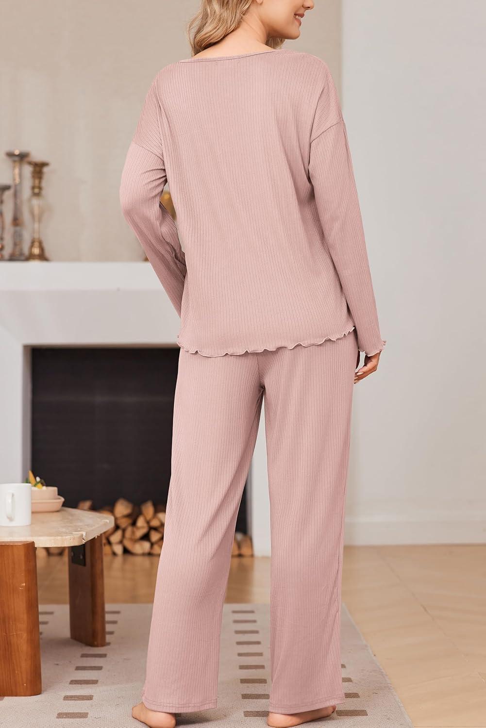 imageEkouaer Womens Pajama Set Ribbed Knit PJs 2 Piece Lounge Set Long Sleeve Top and Pants Comfy Sleepwear with PocketsPink