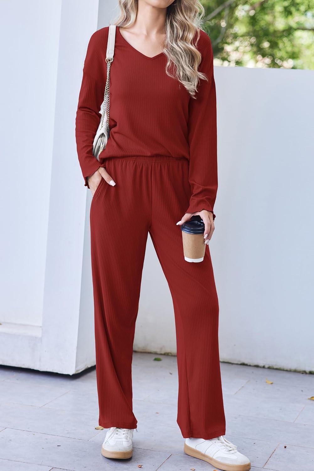imageEkouaer Womens Pajama Set Ribbed Knit PJs 2 Piece Lounge Set Long Sleeve Top and Pants Comfy Sleepwear with PocketsWine Red