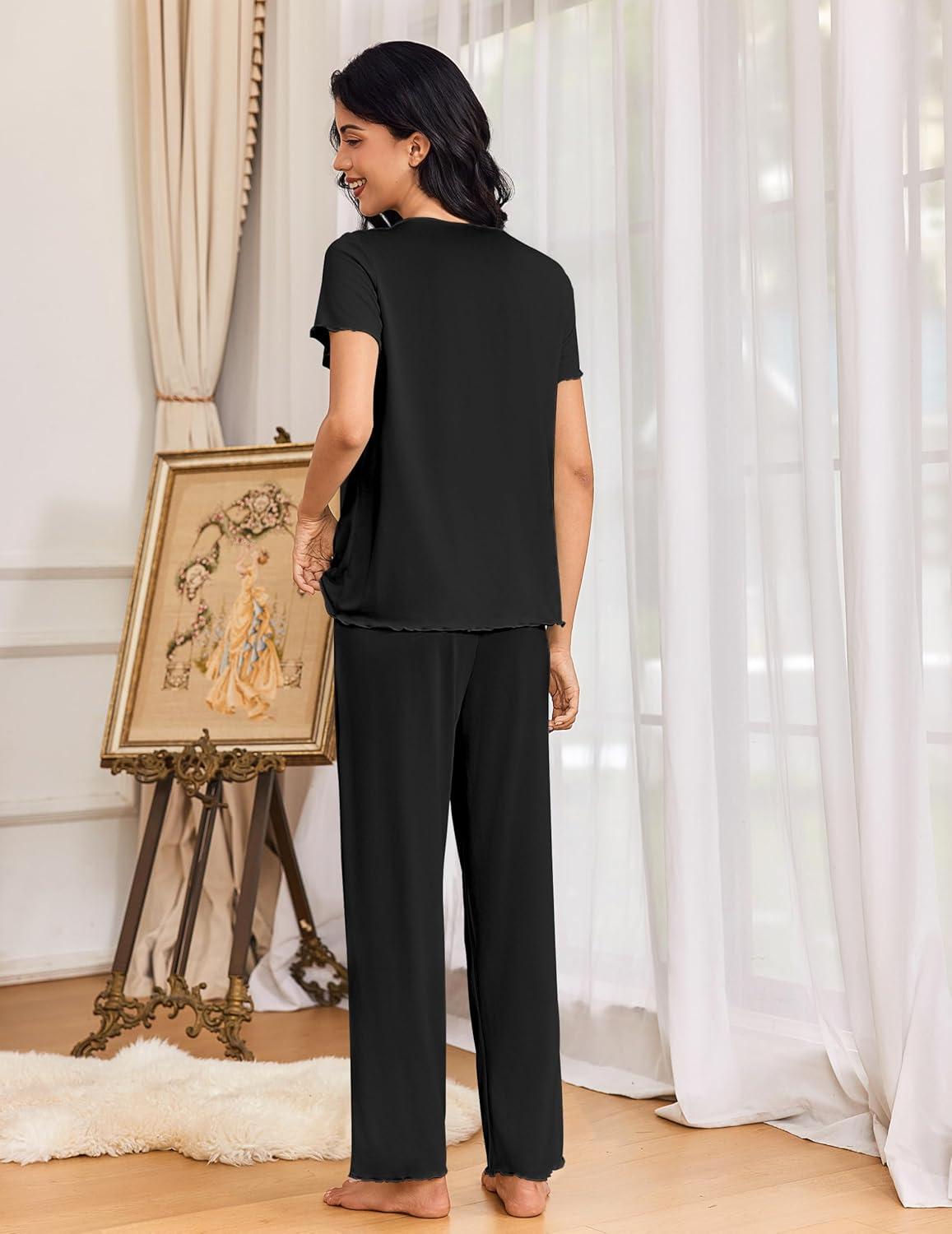 imageEkouaer Womens Pajama Sets 2 Piece Lounge Set Soft Pajamas for Women Set Short Sleeve and Long Pants Pjs with PocketsBlack
