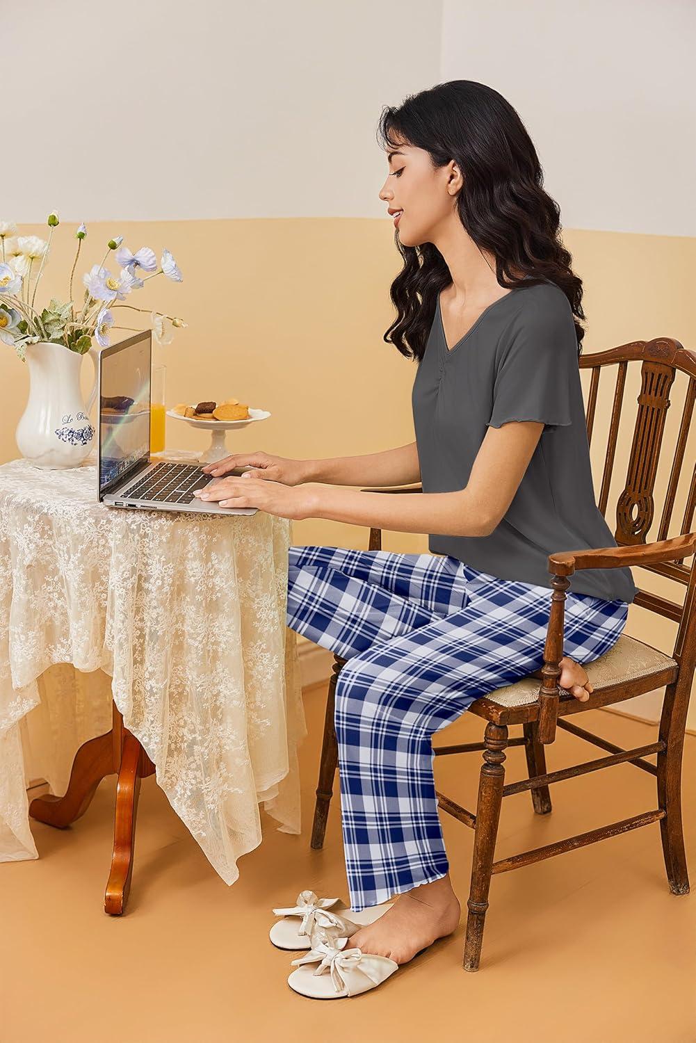 imageEkouaer Womens Pajama Sets 2 Piece Lounge Set Soft Pajamas for Women Set Short Sleeve and Long Pants Pjs with PocketsBlue Plaid