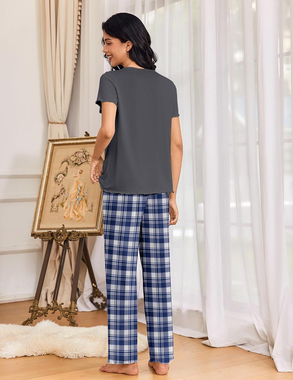 imageEkouaer Womens Pajama Sets 2 Piece Lounge Set Soft Pajamas for Women Set Short Sleeve and Long Pants Pjs with PocketsBlue Plaid