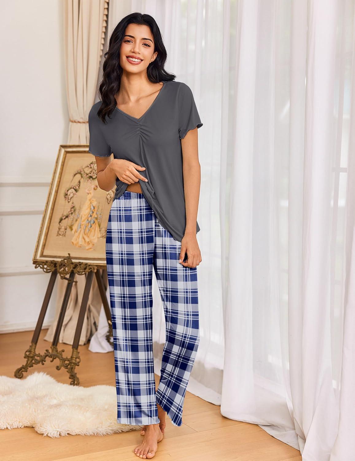 imageEkouaer Womens Pajama Sets 2 Piece Lounge Set Soft Pajamas for Women Set Short Sleeve and Long Pants Pjs with PocketsBlue Plaid