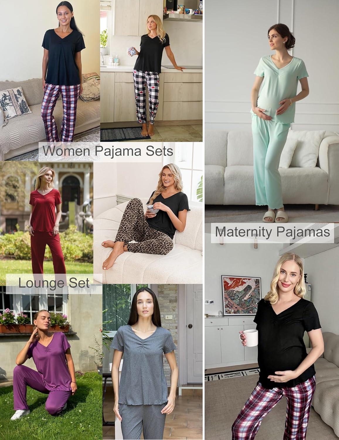 imageEkouaer Womens Pajama Sets 2 Piece Lounge Set Soft Pajamas for Women Set Short Sleeve and Long Pants Pjs with PocketsBlue Plaid
