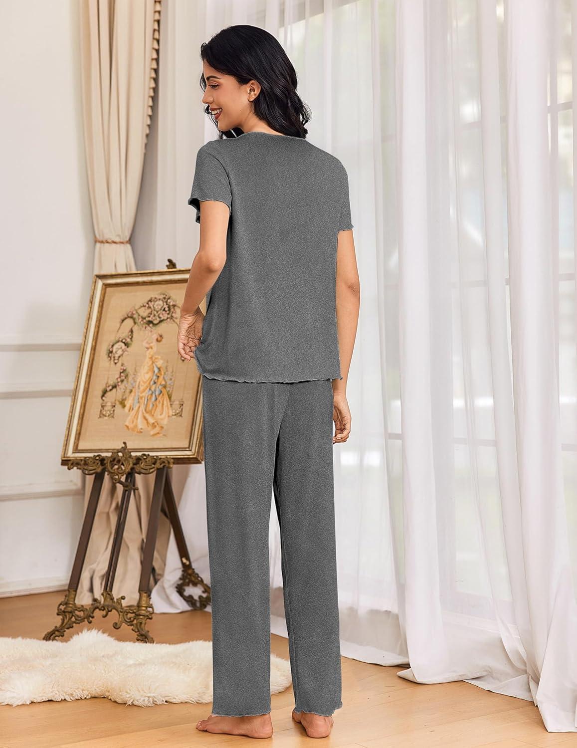imageEkouaer Womens Pajama Sets 2 Piece Lounge Set Soft Pajamas for Women Set Short Sleeve and Long Pants Pjs with PocketsDeep Grey