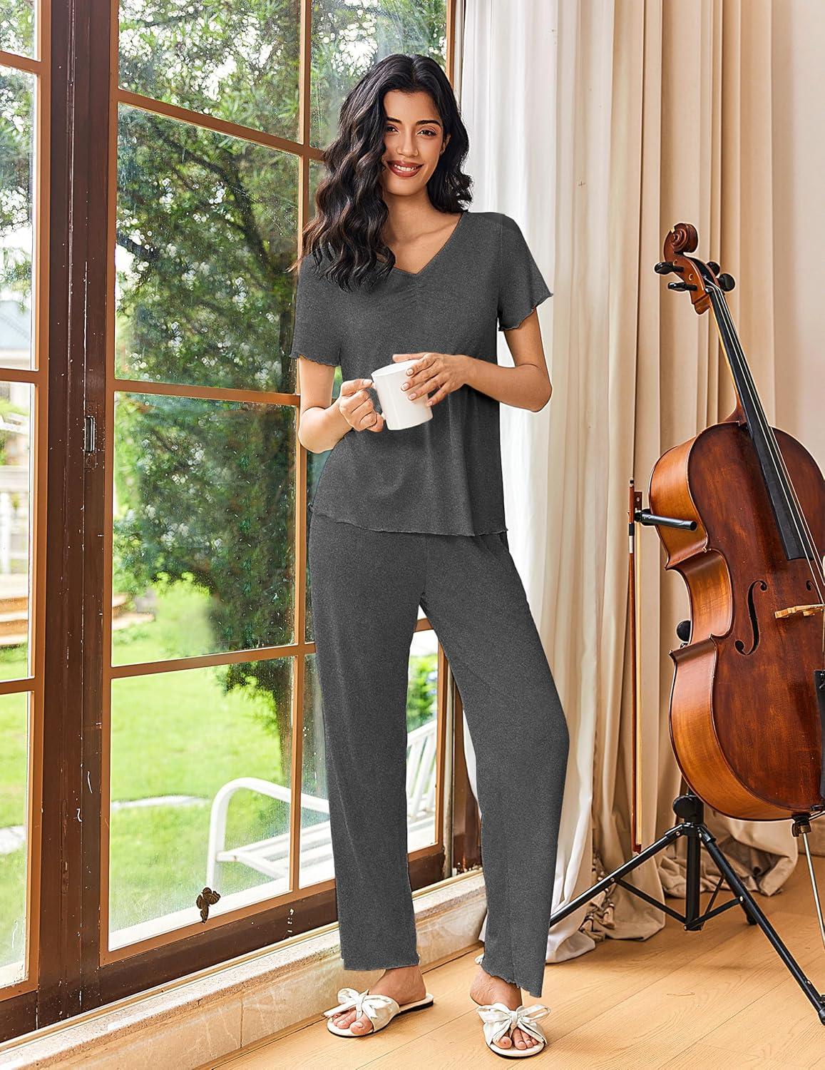 imageEkouaer Womens Pajama Sets 2 Piece Lounge Set Soft Pajamas for Women Set Short Sleeve and Long Pants Pjs with PocketsDeep Grey