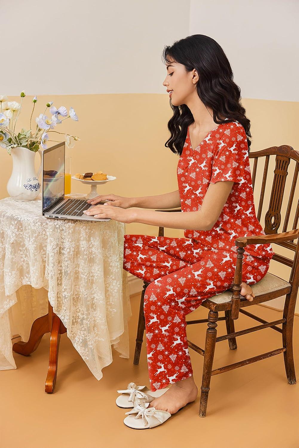 imageEkouaer Womens Pajama Sets 2 Piece Lounge Set Soft Pajamas for Women Set Short Sleeve and Long Pants Pjs with PocketsElk