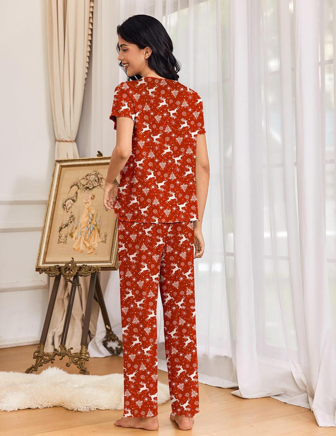 imageEkouaer Womens Pajama Sets 2 Piece Lounge Set Soft Pajamas for Women Set Short Sleeve and Long Pants Pjs with PocketsElk