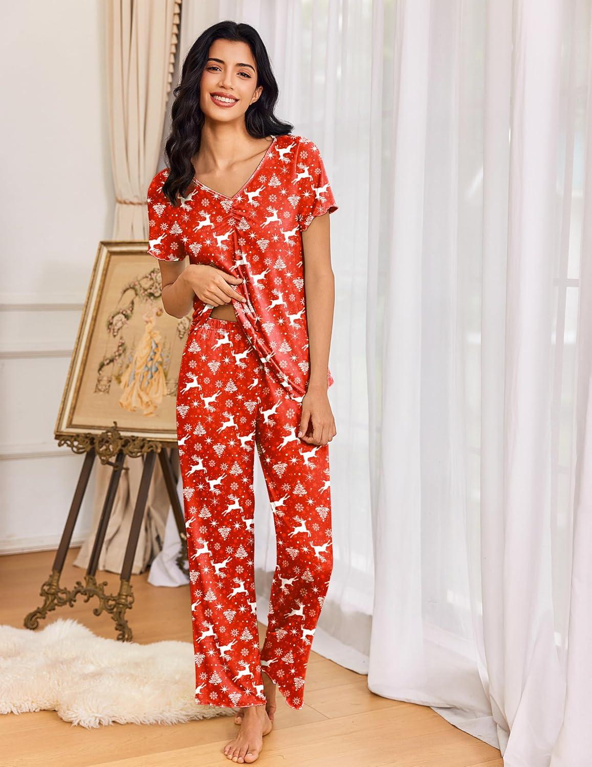 imageEkouaer Womens Pajama Sets 2 Piece Lounge Set Soft Pajamas for Women Set Short Sleeve and Long Pants Pjs with PocketsElk