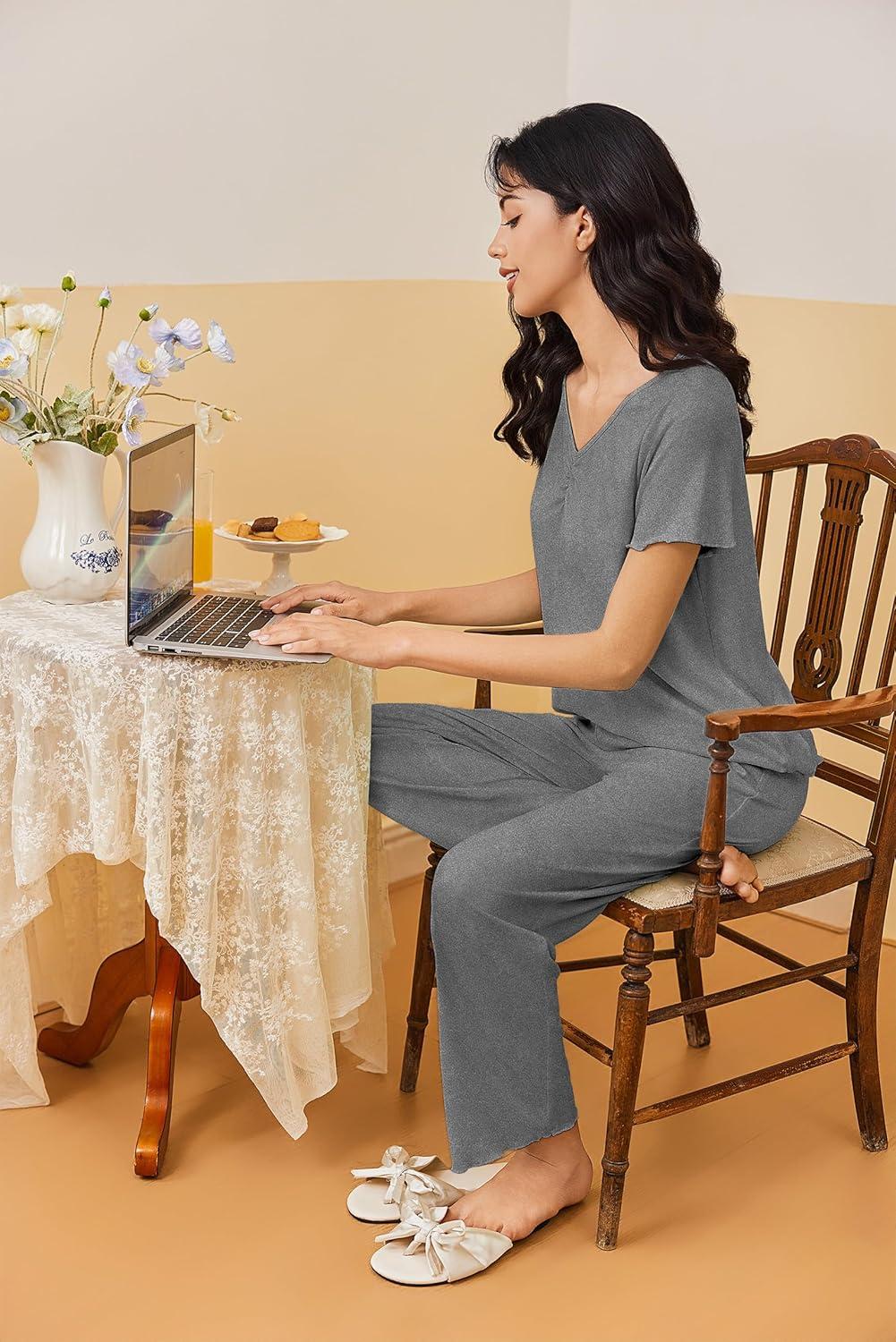 imageEkouaer Womens Pajama Sets 2 Piece Lounge Set Soft Pajamas for Women Set Short Sleeve and Long Pants Pjs with PocketsGrey