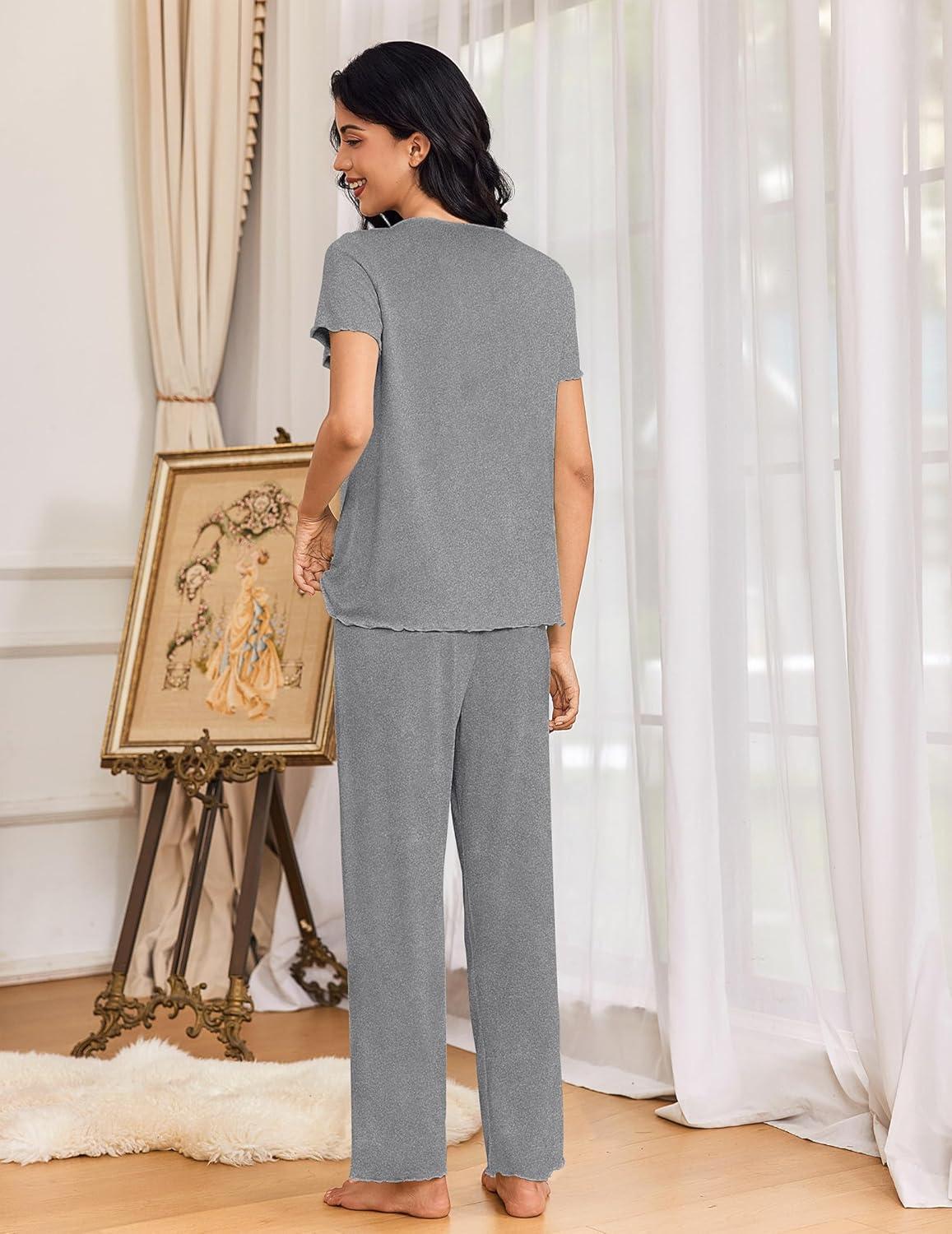 imageEkouaer Womens Pajama Sets 2 Piece Lounge Set Soft Pajamas for Women Set Short Sleeve and Long Pants Pjs with PocketsGrey