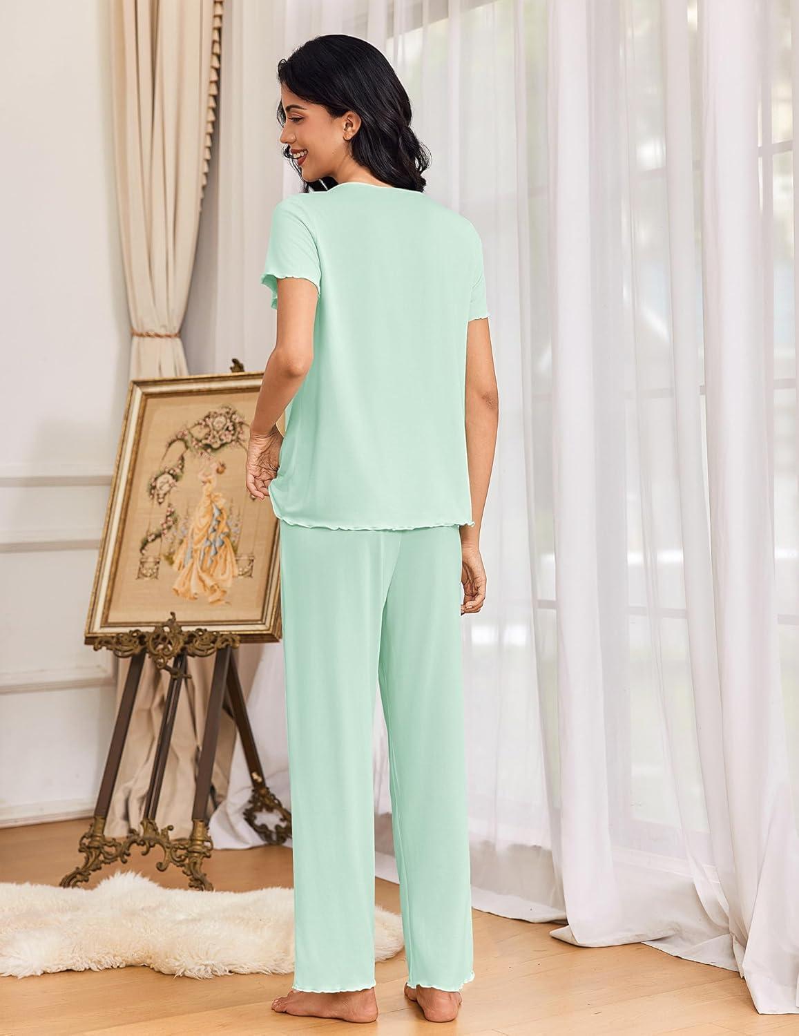 imageEkouaer Womens Pajama Sets 2 Piece Lounge Set Soft Pajamas for Women Set Short Sleeve and Long Pants Pjs with PocketsLight Green