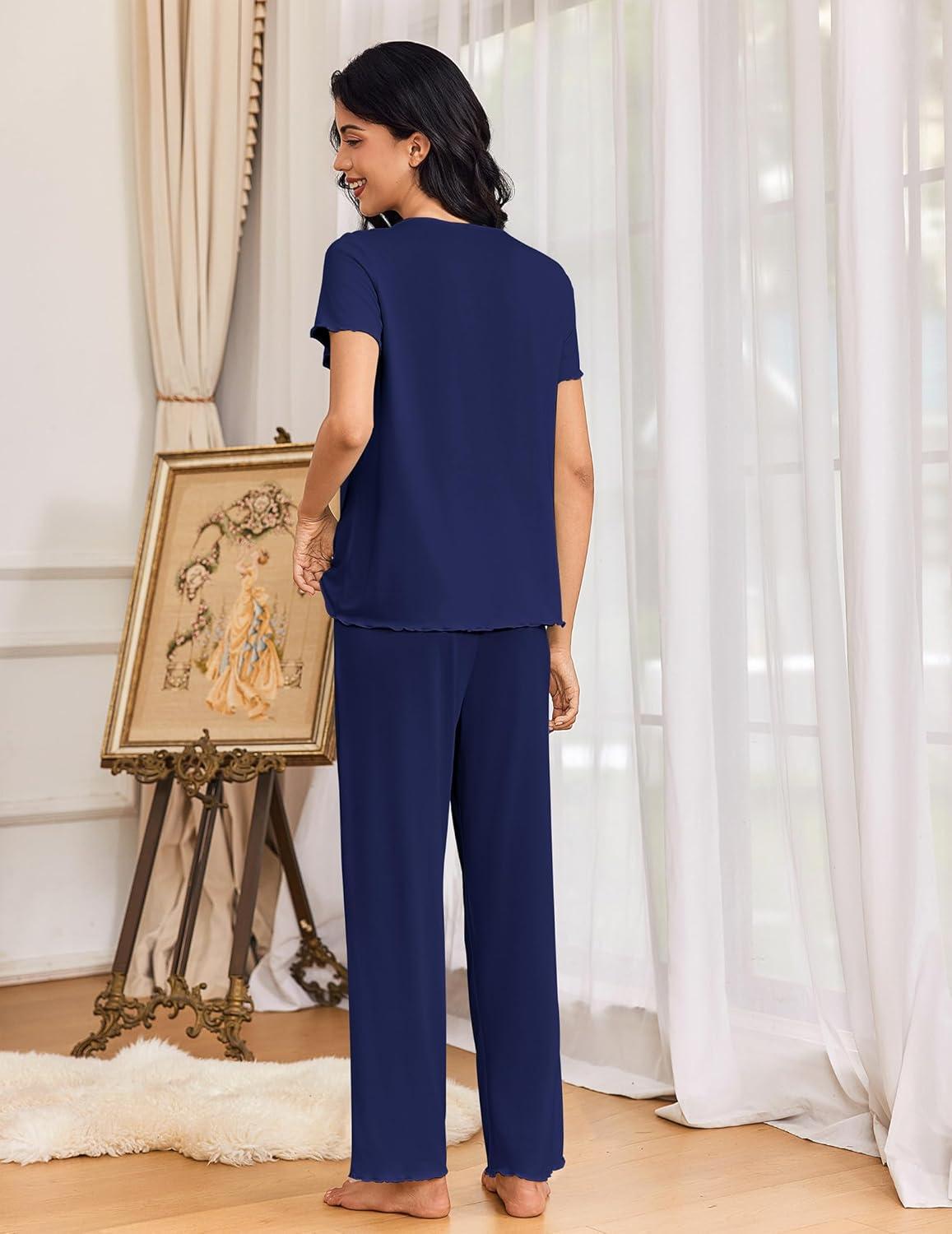imageEkouaer Womens Pajama Sets 2 Piece Lounge Set Soft Pajamas for Women Set Short Sleeve and Long Pants Pjs with PocketsNavy Blue