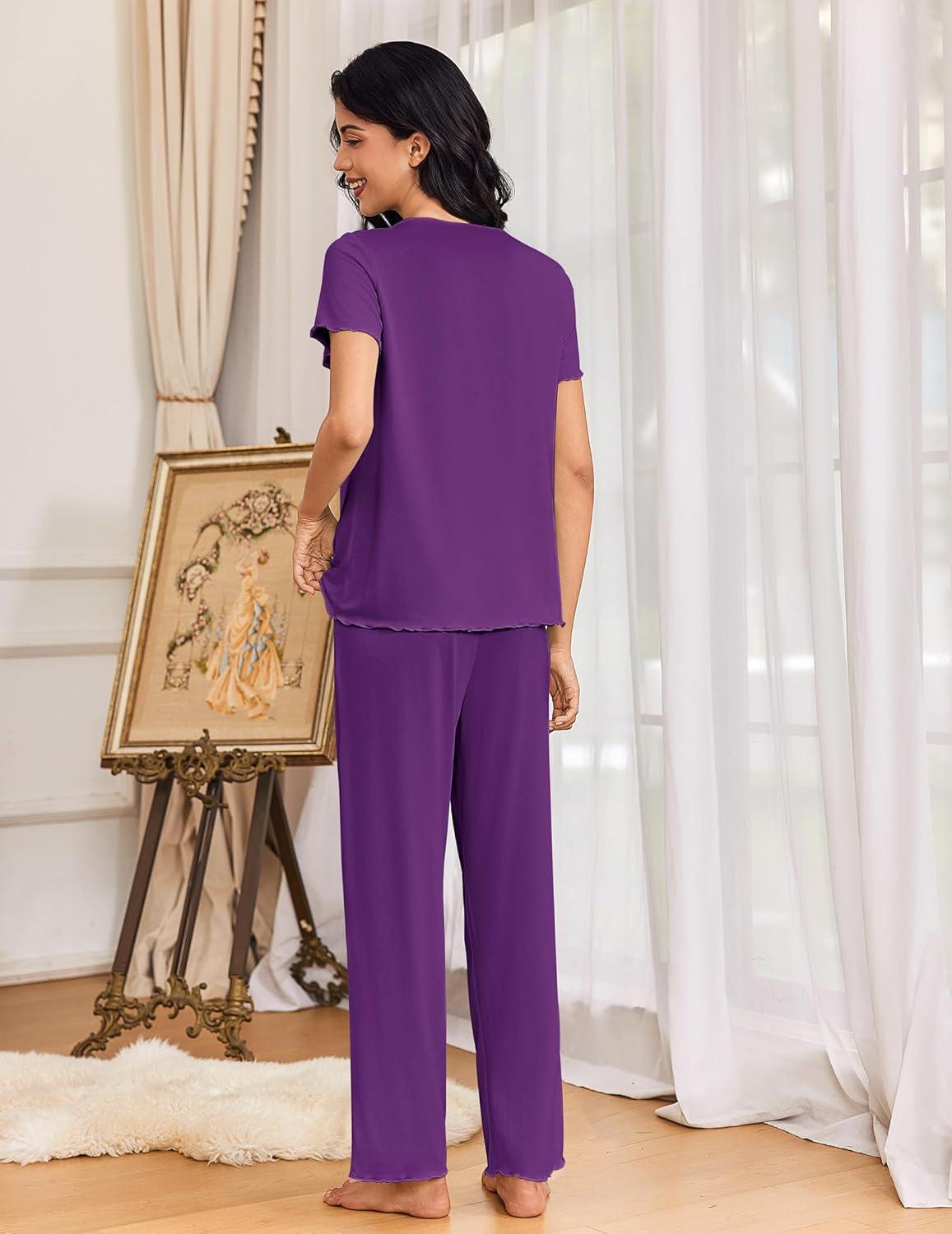 imageEkouaer Womens Pajama Sets 2 Piece Lounge Set Soft Pajamas for Women Set Short Sleeve and Long Pants Pjs with PocketsPurple