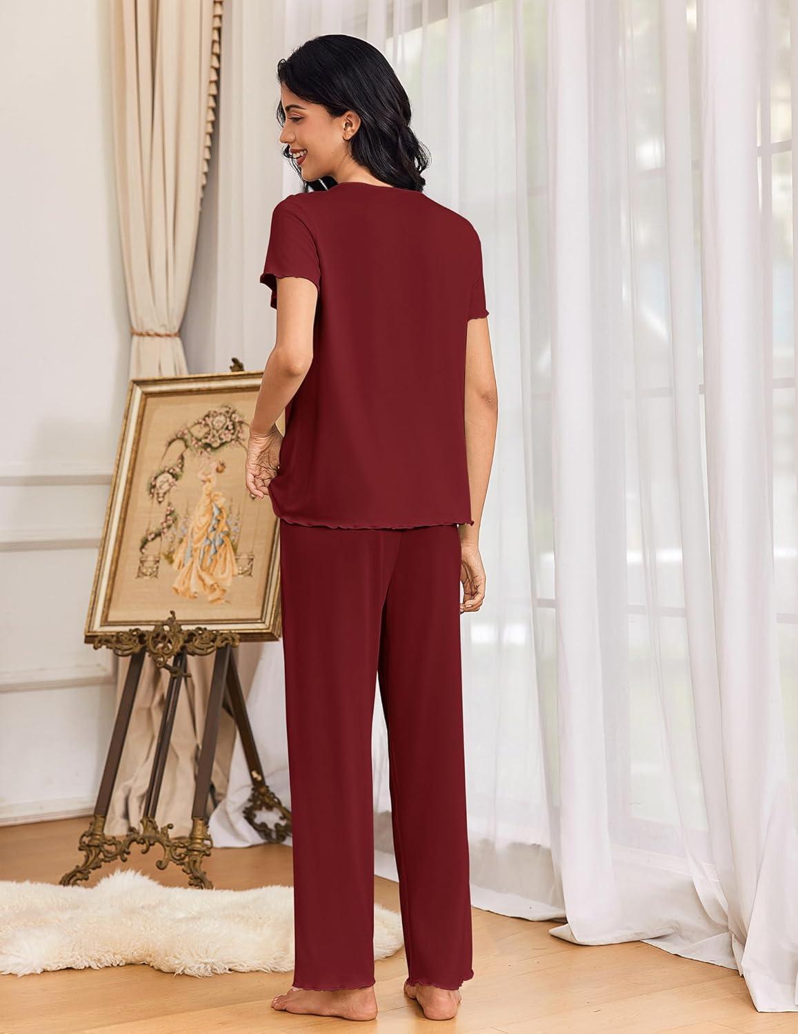 imageEkouaer Womens Pajama Sets 2 Piece Lounge Set Soft Pajamas for Women Set Short Sleeve and Long Pants Pjs with PocketsRed