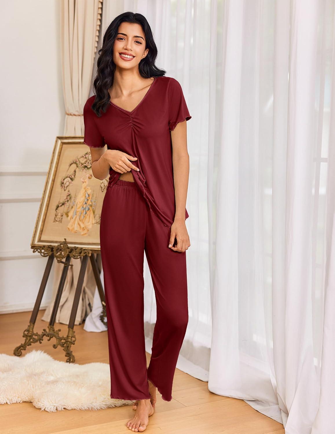 imageEkouaer Womens Pajama Sets 2 Piece Lounge Set Soft Pajamas for Women Set Short Sleeve and Long Pants Pjs with PocketsRed