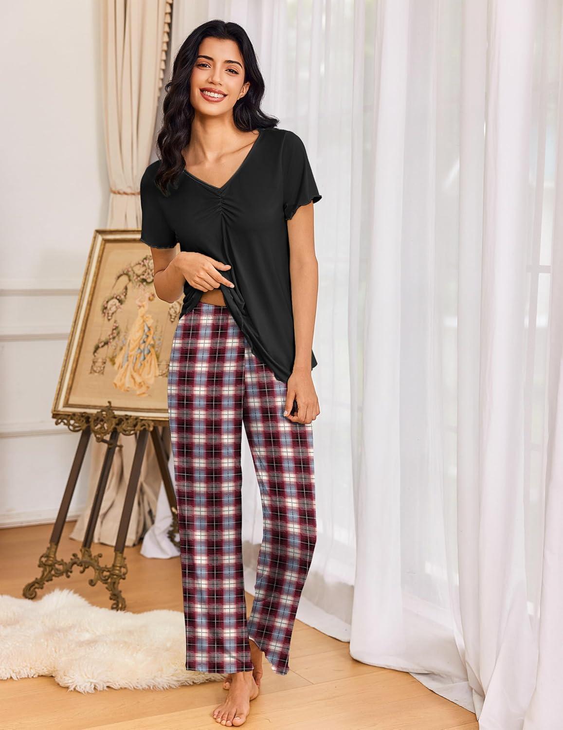 imageEkouaer Womens Pajama Sets 2 Piece Lounge Set Soft Pajamas for Women Set Short Sleeve and Long Pants Pjs with PocketsRed Plaid