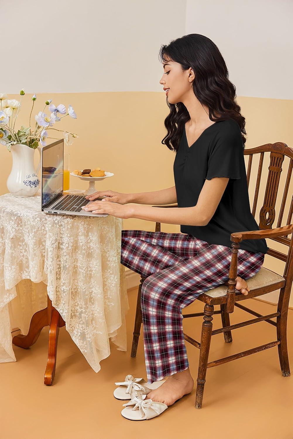 imageEkouaer Womens Pajama Sets 2 Piece Lounge Set Soft Pajamas for Women Set Short Sleeve and Long Pants Pjs with PocketsRed Plaid