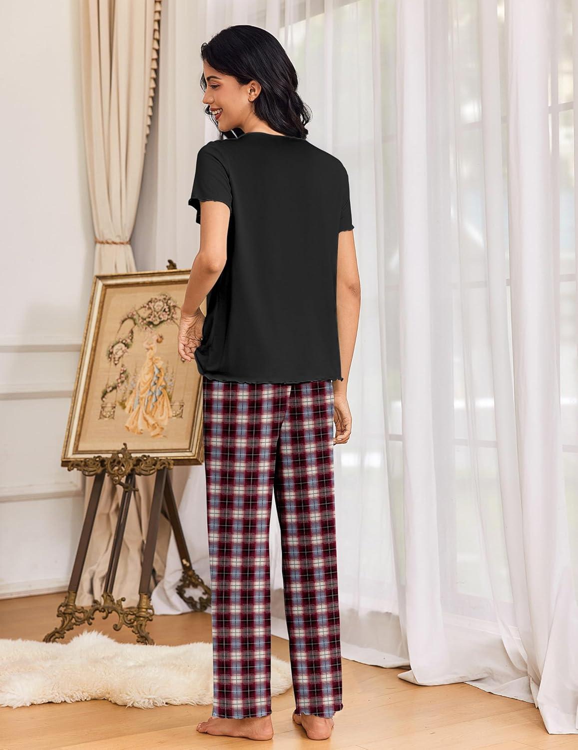 imageEkouaer Womens Pajama Sets 2 Piece Lounge Set Soft Pajamas for Women Set Short Sleeve and Long Pants Pjs with PocketsRed Plaid