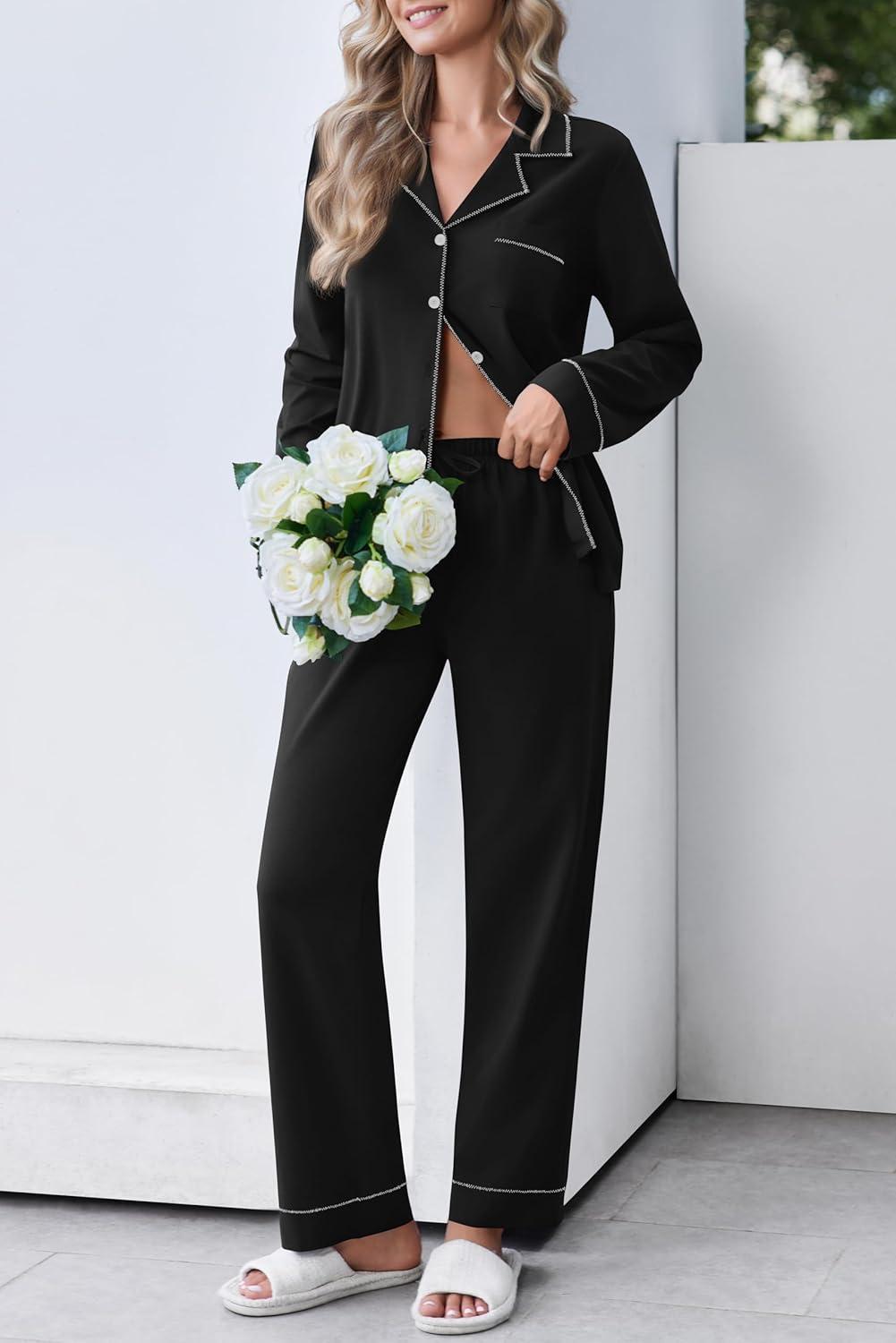imageEkouaer Womens Pajamas Set Cotton PJs Long Sleeve Sleepwear Button Down Tops and Pants 2 Piece Lounge SetBlack