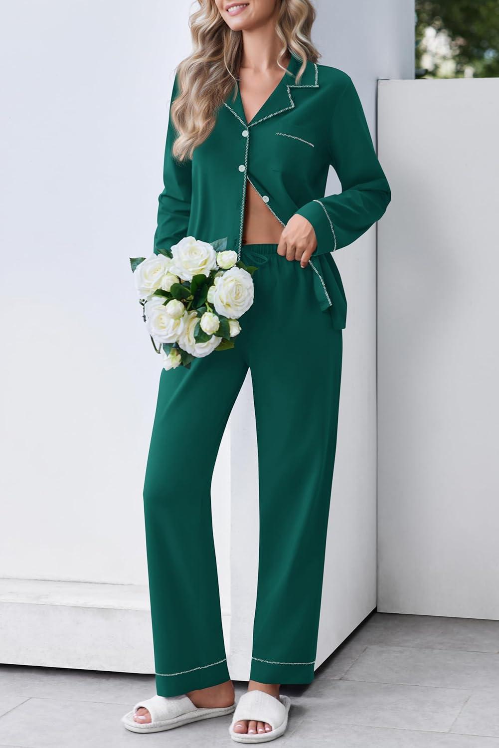 imageEkouaer Womens Pajamas Set Cotton PJs Long Sleeve Sleepwear Button Down Tops and Pants 2 Piece Lounge SetGreen
