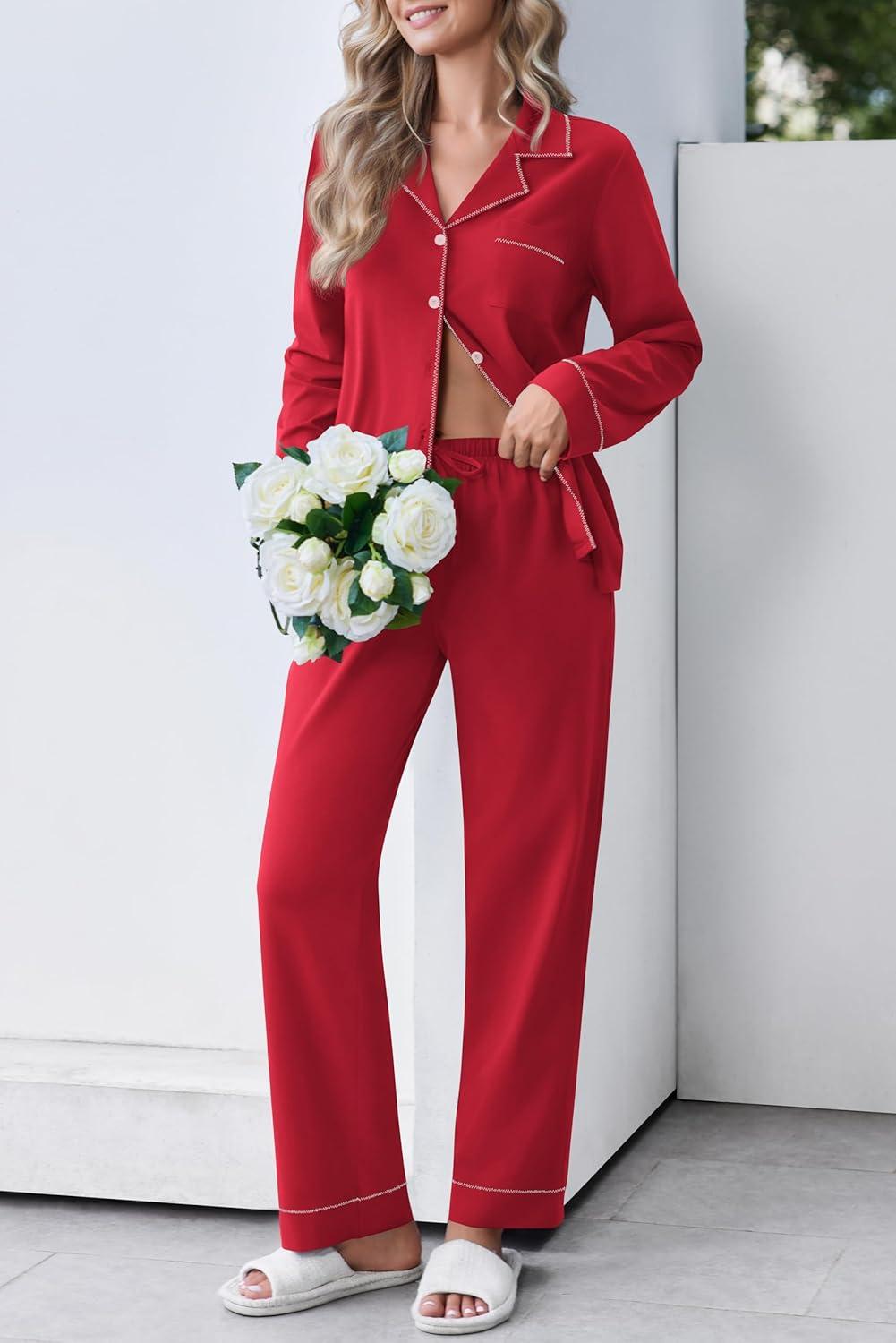 imageEkouaer Womens Pajamas Set Cotton PJs Long Sleeve Sleepwear Button Down Tops and Pants 2 Piece Lounge SetRed