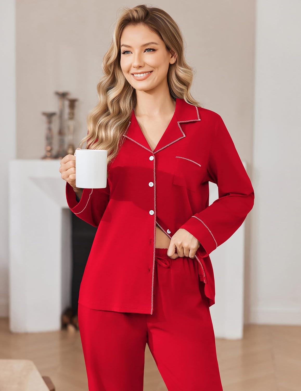 imageEkouaer Womens Pajamas Set Cotton PJs Long Sleeve Sleepwear Button Down Tops and Pants 2 Piece Lounge SetRed