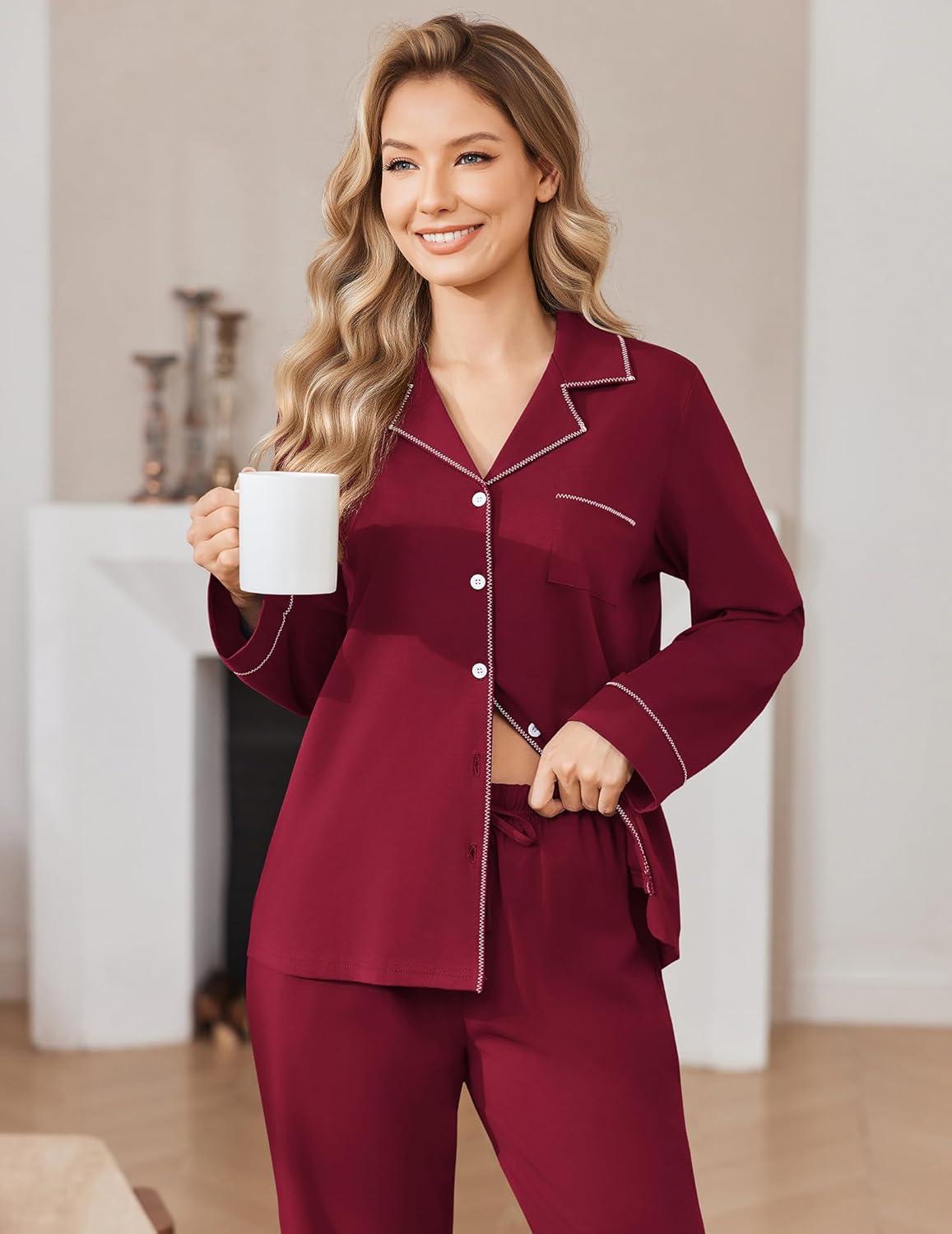 imageEkouaer Womens Pajamas Set Cotton PJs Long Sleeve Sleepwear Button Down Tops and Pants 2 Piece Lounge SetWine Red