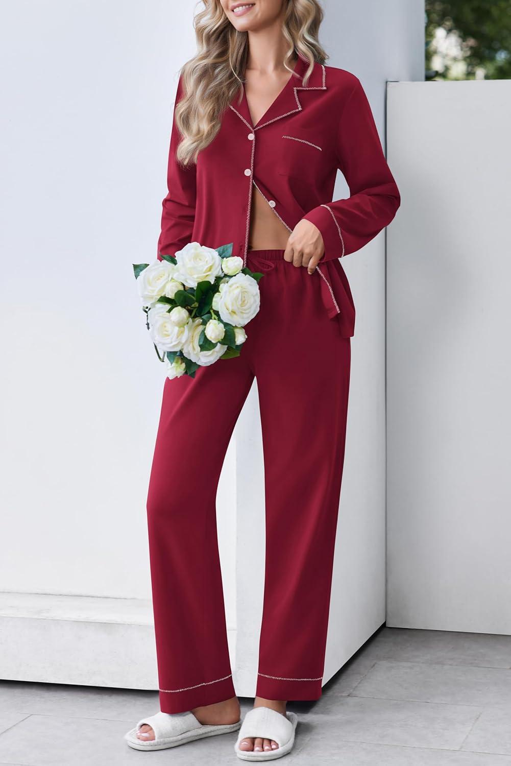 imageEkouaer Womens Pajamas Set Cotton PJs Long Sleeve Sleepwear Button Down Tops and Pants 2 Piece Lounge SetWine Red