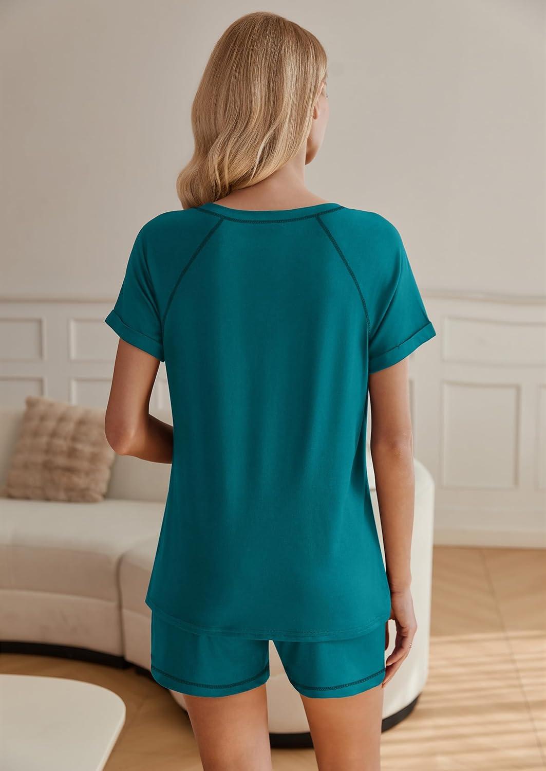 imageEkouaer Womens Pajamas Short Sleeve Sleepwear 2 Piece Pj Set Casual V Neck Lounge Sets with Pockets SXXLBeacock Blue