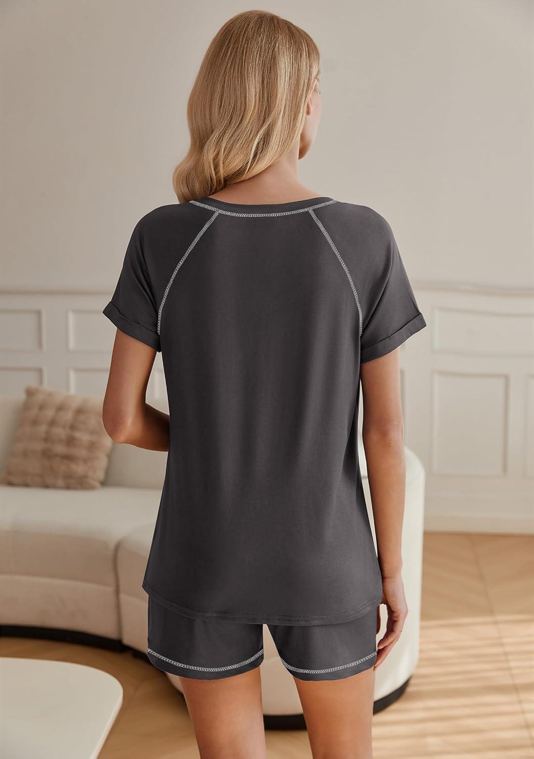 imageEkouaer Womens Pajamas Short Sleeve Sleepwear 2 Piece Pj Set Casual V Neck Lounge Sets with Pockets SXXLGrey
