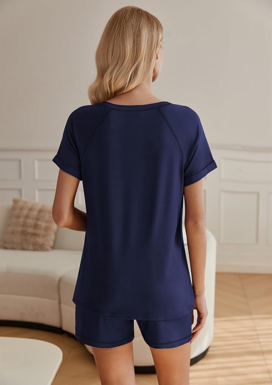 imageEkouaer Womens Pajamas Short Sleeve Sleepwear 2 Piece Pj Set Casual V Neck Lounge Sets with Pockets SXXLNavy Blue