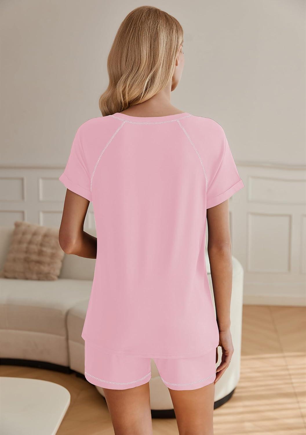 imageEkouaer Womens Pajamas Short Sleeve Sleepwear 2 Piece Pj Set Casual V Neck Lounge Sets with Pockets SXXLPink