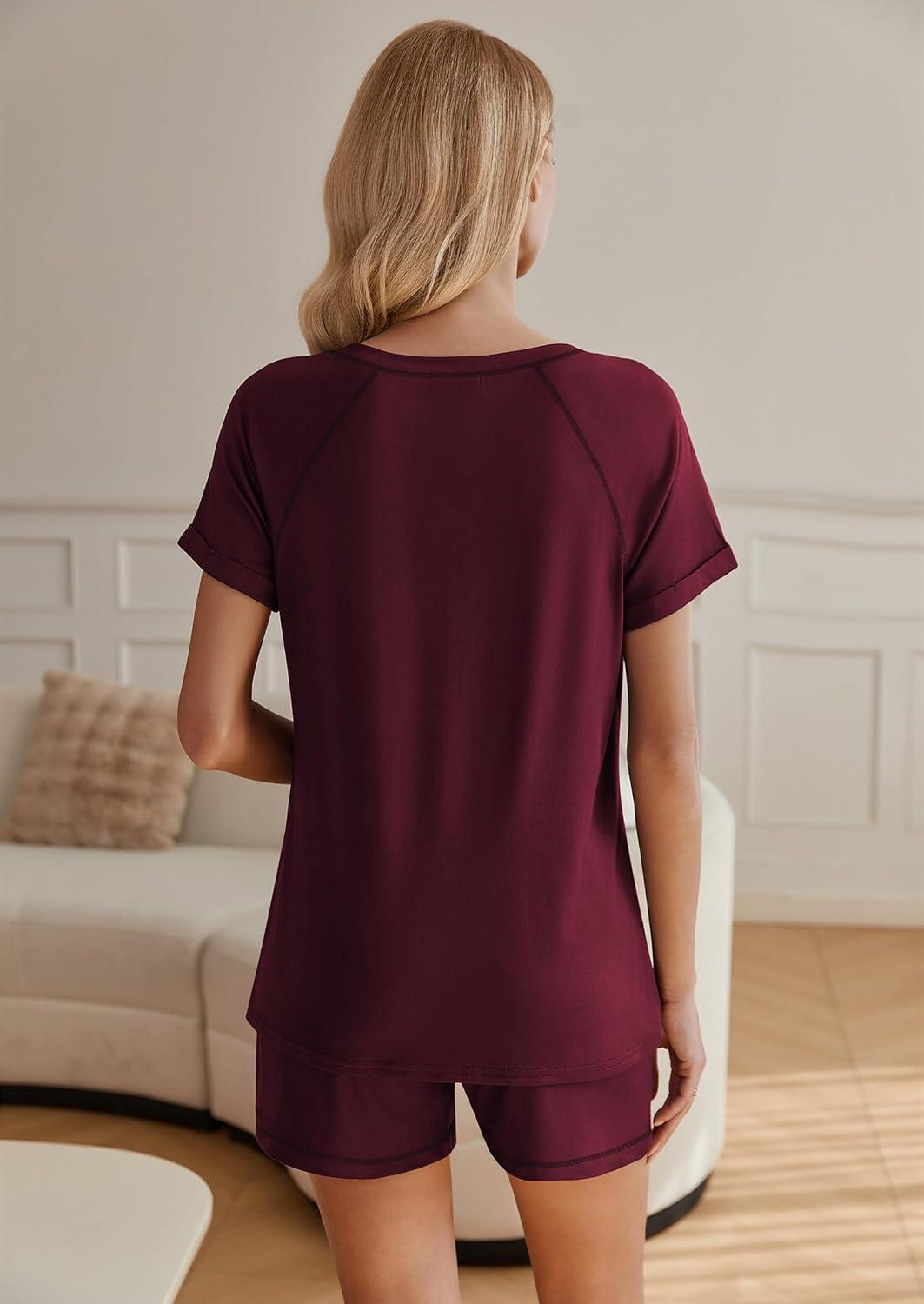imageEkouaer Womens Pajamas Short Sleeve Sleepwear 2 Piece Pj Set Casual V Neck Lounge Sets with Pockets SXXLWine