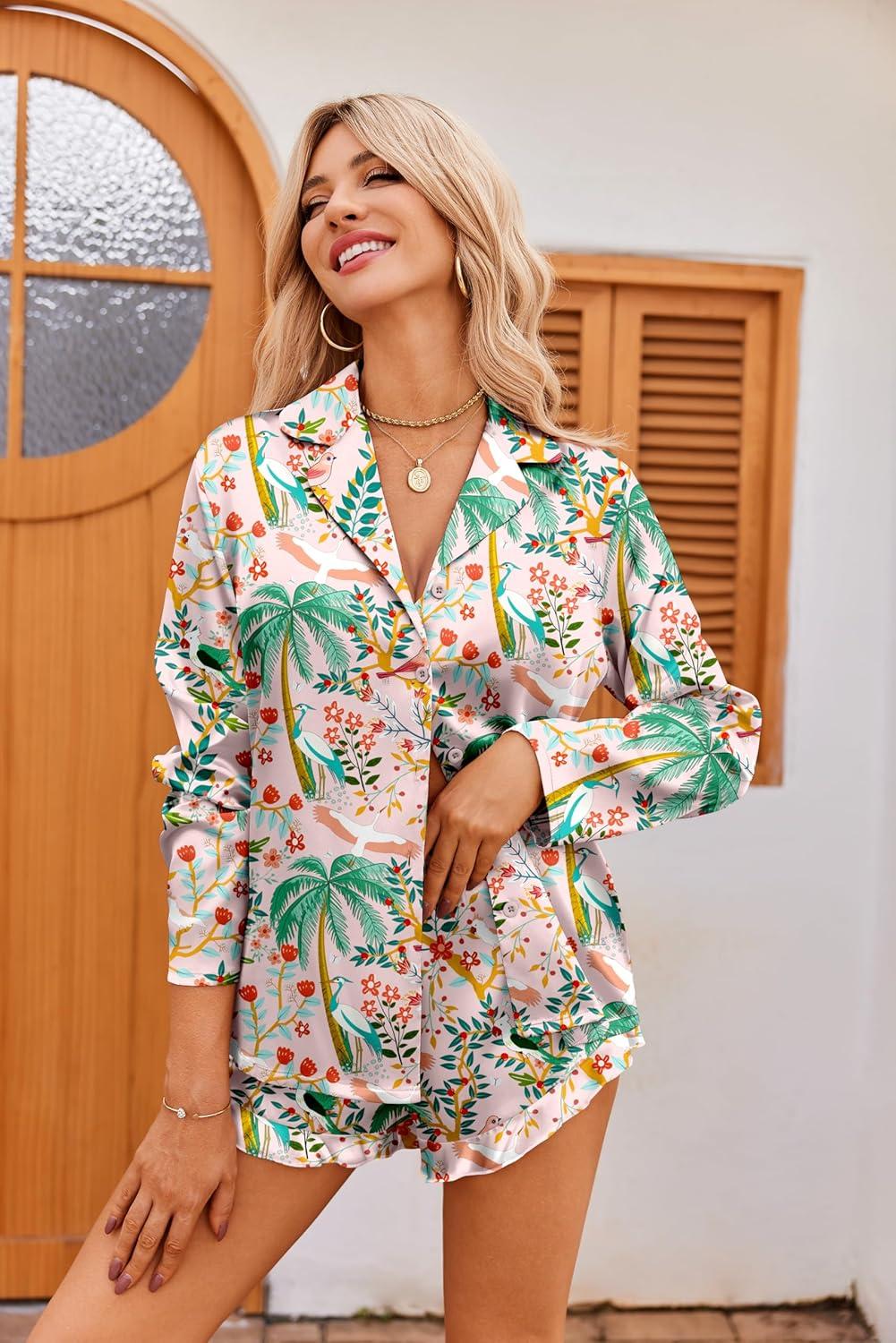 imageEkouaer Womens Satin Pajama Sets Long Sleeve Top and Shorts Lounge Set Button Down SleepwearPink Forest
