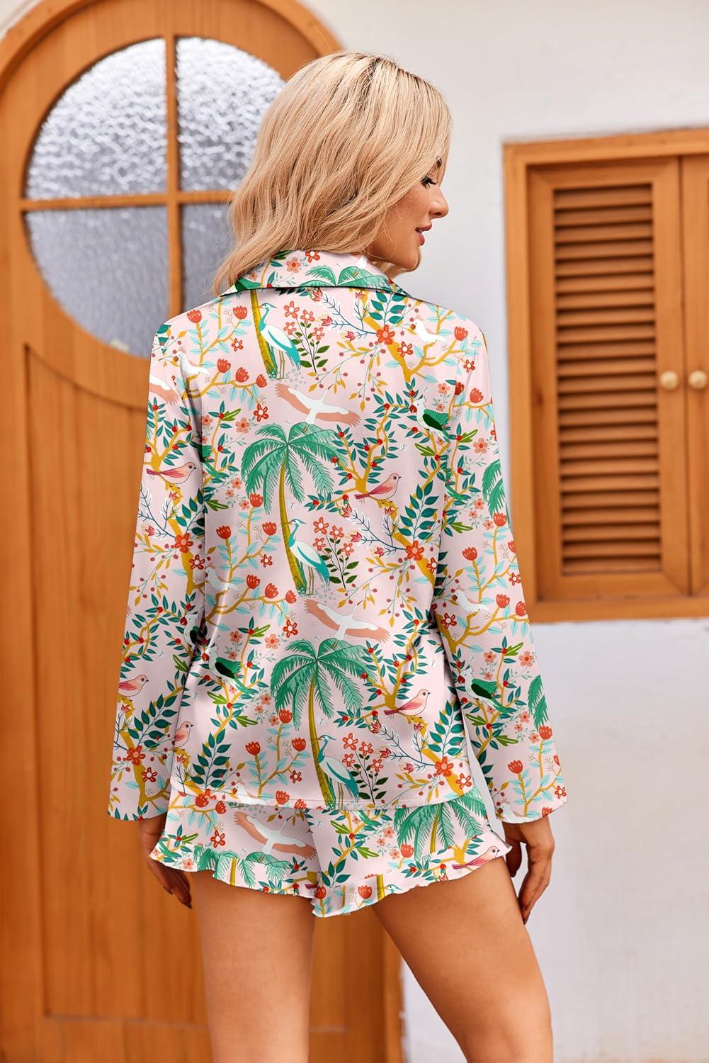 imageEkouaer Womens Satin Pajama Sets Long Sleeve Top and Shorts Lounge Set Button Down SleepwearPink Forest