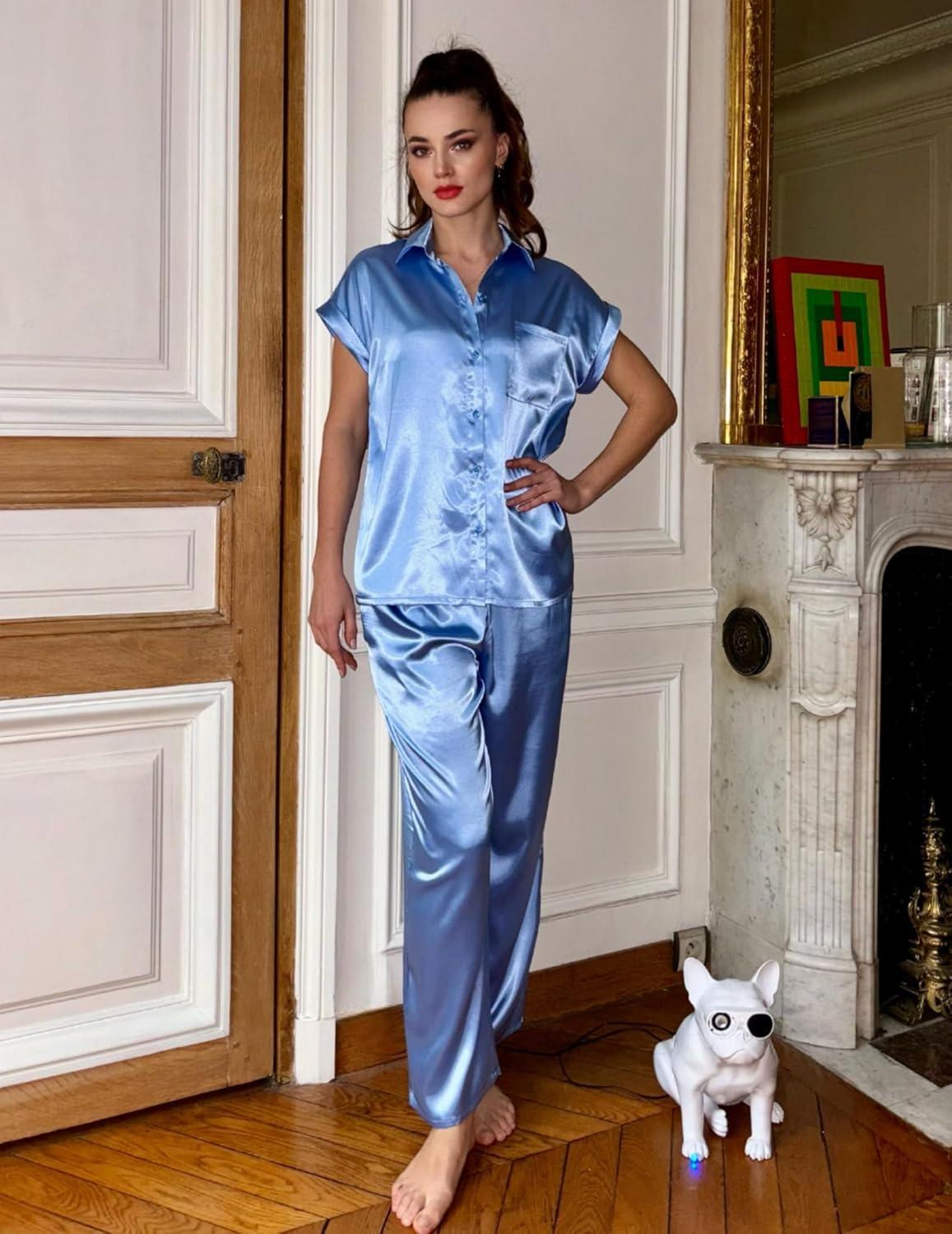 imageEkouaer Womens Satin Pajamas Set Silky Twopiece Short Sleeve and Long Pants Sleepwear ButtonDown Pj Sets With PocketsBlue