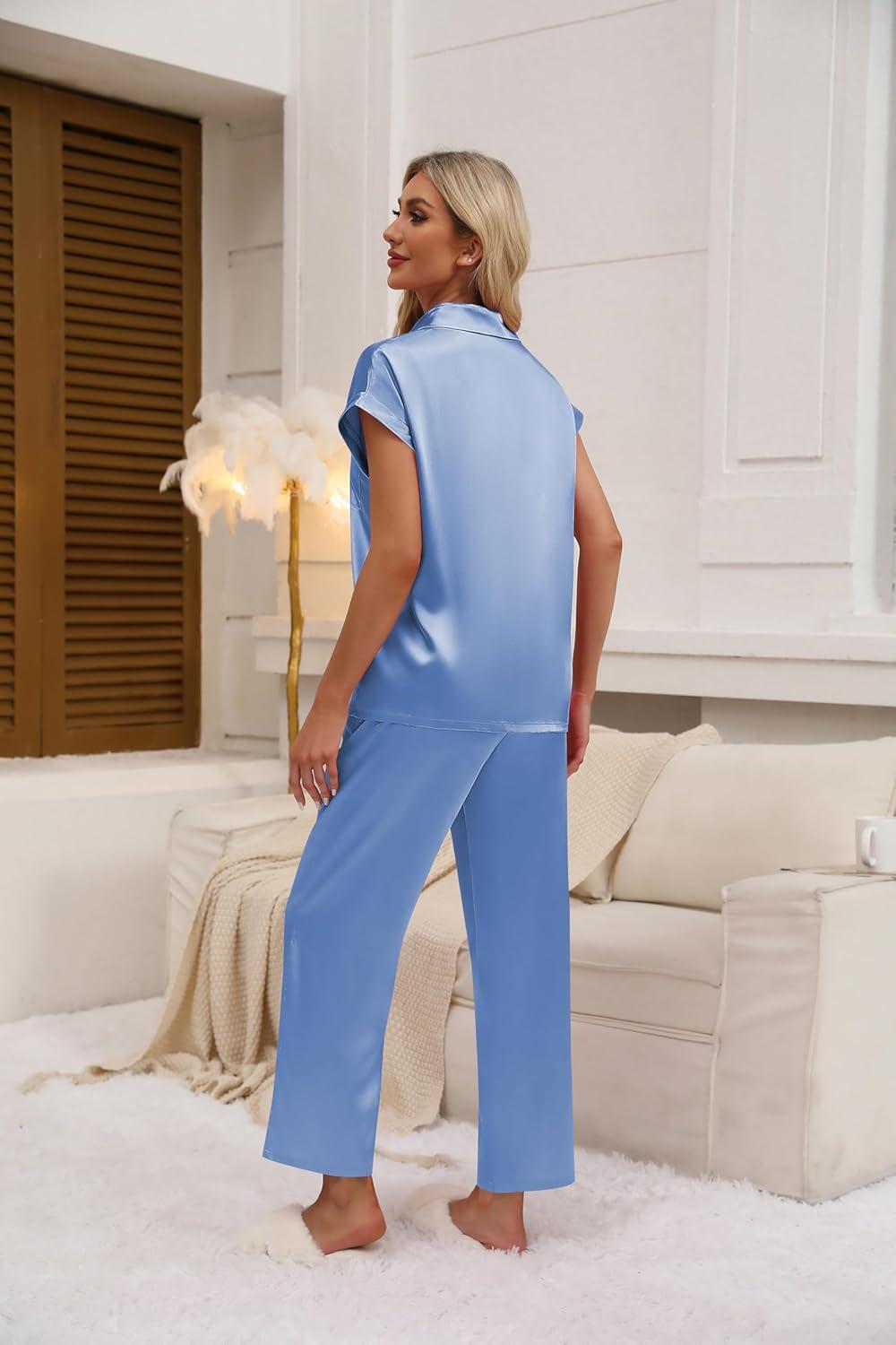 imageEkouaer Womens Satin Pajamas Set Silky Twopiece Short Sleeve and Long Pants Sleepwear ButtonDown Pj Sets With PocketsBlue