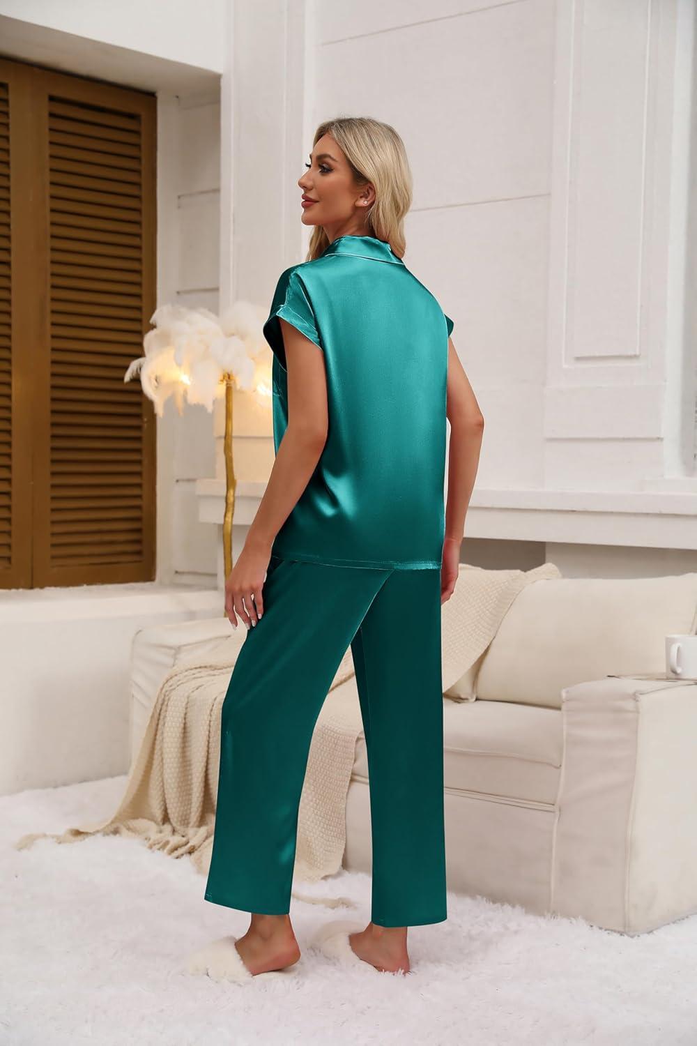 imageEkouaer Womens Satin Pajamas Set Silky Twopiece Short Sleeve and Long Pants Sleepwear ButtonDown Pj Sets With PocketsBlue Green