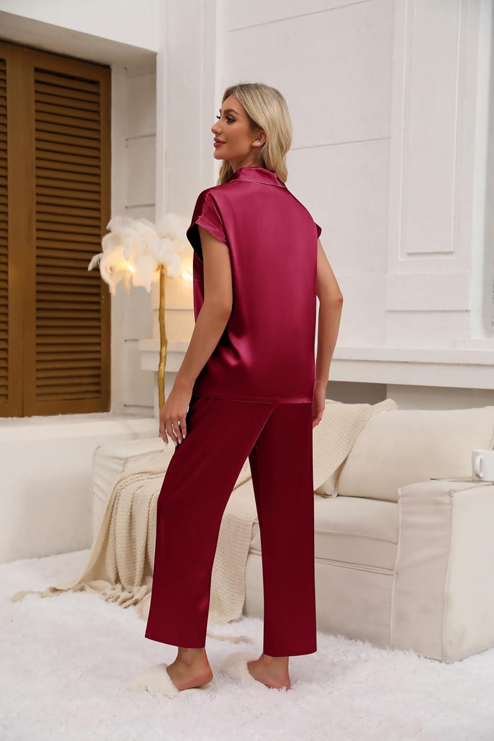 imageEkouaer Womens Satin Pajamas Set Silky Twopiece Short Sleeve and Long Pants Sleepwear ButtonDown Pj Sets With PocketsWine Red