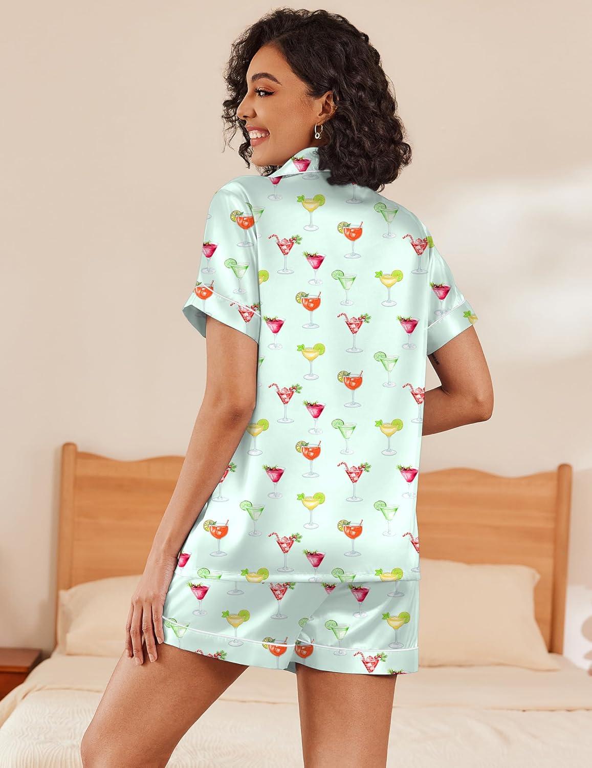 imageEkouaer Womens Silk Satin Pajama Set Short Sleeve Pjs Shorts Set Comfy Button Down 2 Piece Sleepwear LoungewearLight Blue Wineglass
