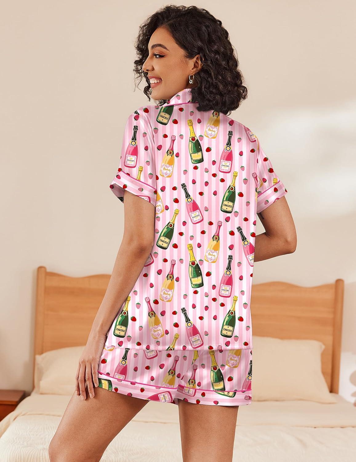 imageEkouaer Womens Silk Satin Pajama Set Short Sleeve Pjs Shorts Set Comfy Button Down 2 Piece Sleepwear LoungewearStriped Wine Bottle