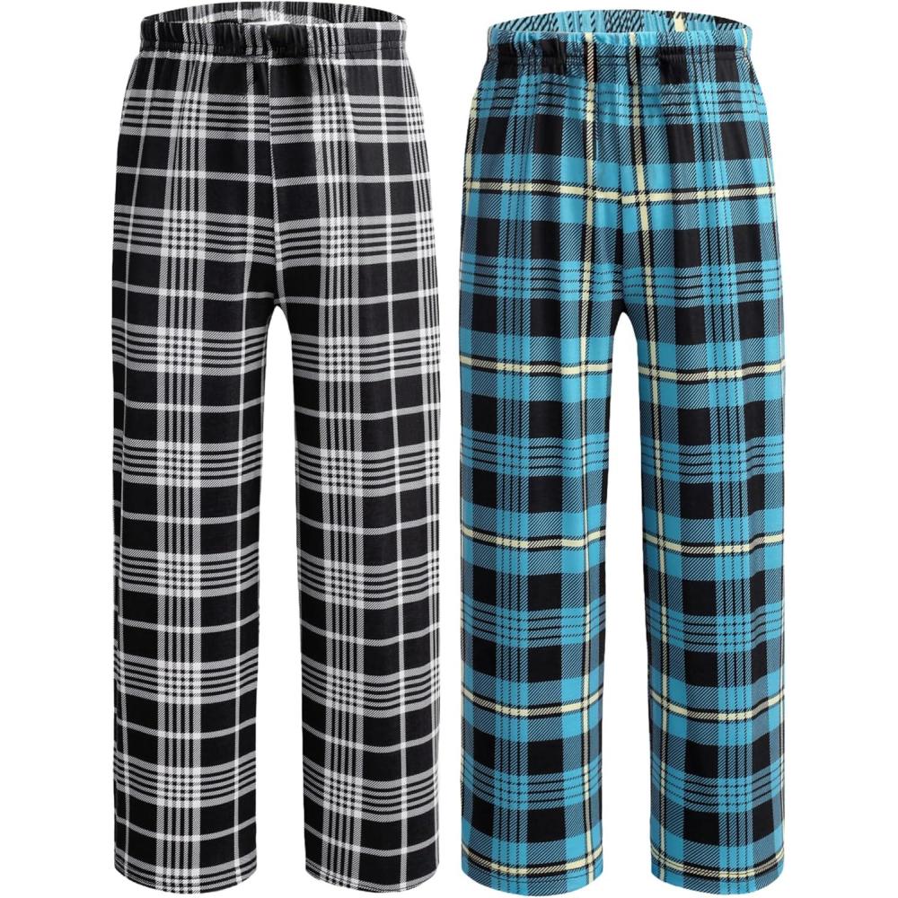imageEkouaer 2 Pack Boys Pajamas Pants Soft Elastic Waist PJ Bottoms Comfy Lounge Long Pants with 2 Pockets 414 YearsBlack Plaidblue Plaid