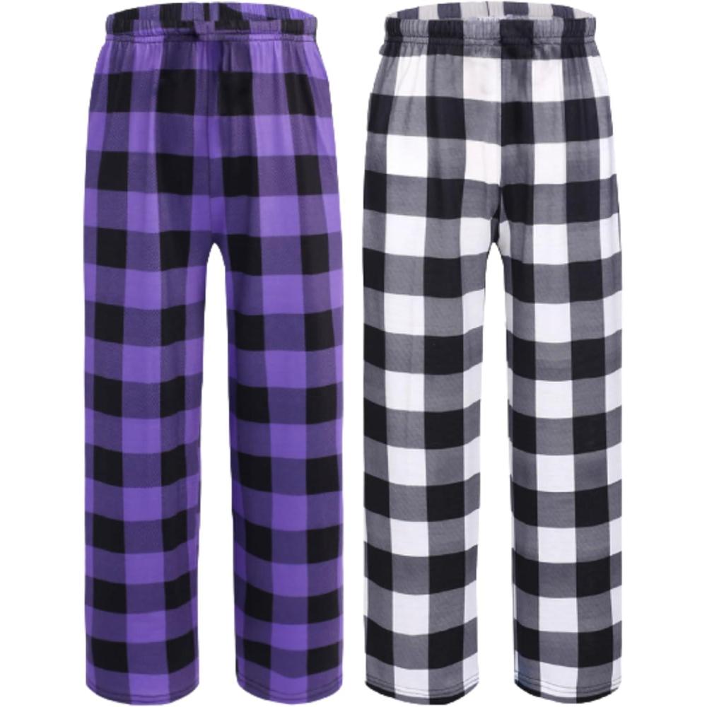 imageEkouaer 2 Pack Boys Pajamas Pants Soft Elastic Waist PJ Bottoms Comfy Lounge Long Pants with 2 Pockets 414 YearsBlack Plaidpurple Plaid