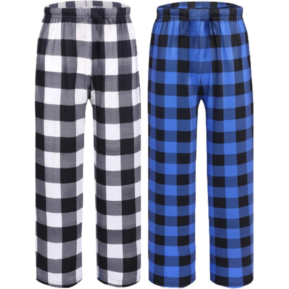 imageEkouaer 2 Pack Boys Pajamas Pants Soft Elastic Waist PJ Bottoms Comfy Lounge Long Pants with 2 Pockets 414 YearsWhite Plaidblue Plaid