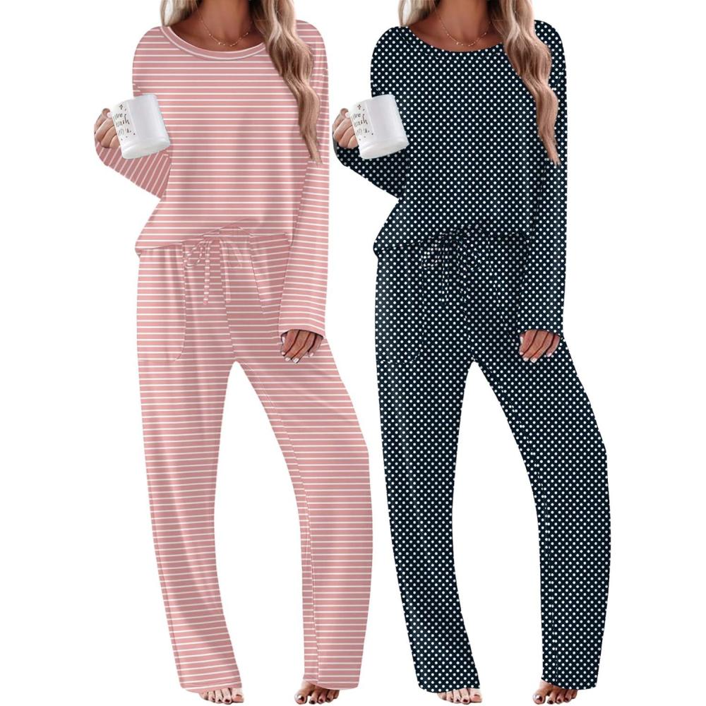 imageEkouaer 2 Pack Womens Pajama Sets Long Sleeve Sleepwear Long Pants Loungewear Soft Pjs Set with Pockets SXXLBlack DotsLight Pink Striped