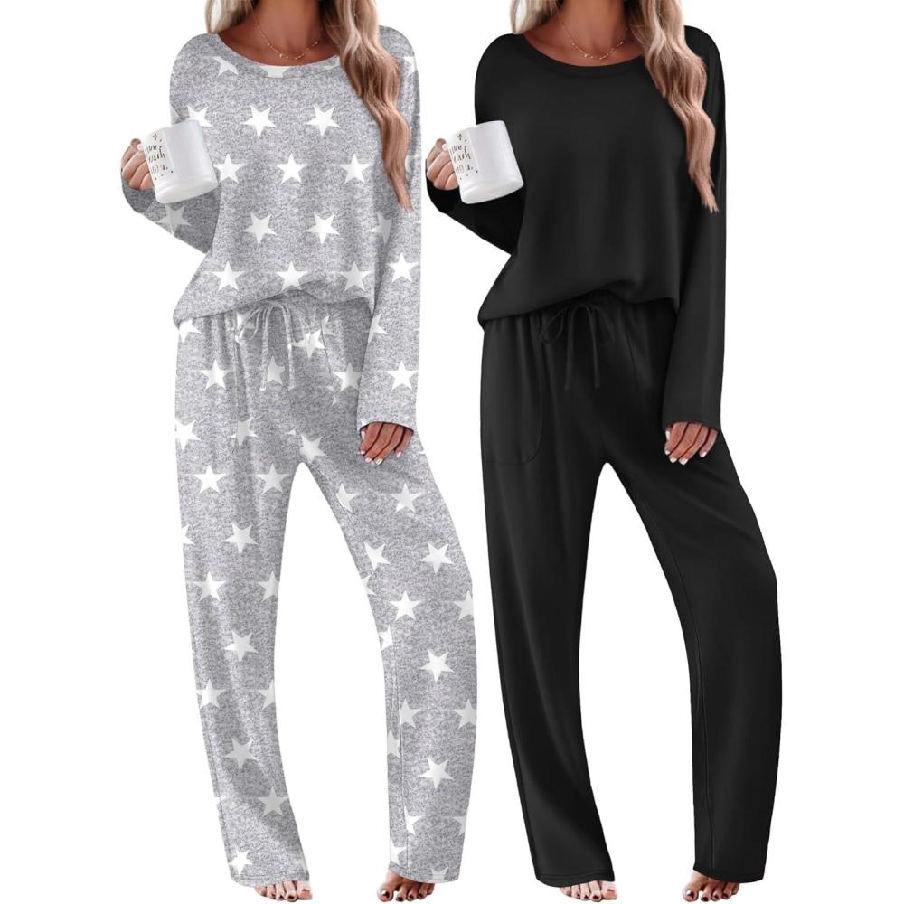 imageEkouaer 2 Pack Womens Pajama Sets Long Sleeve Sleepwear Long Pants Loungewear Soft Pjs Set with Pockets SXXLBlackLight Grey Stars