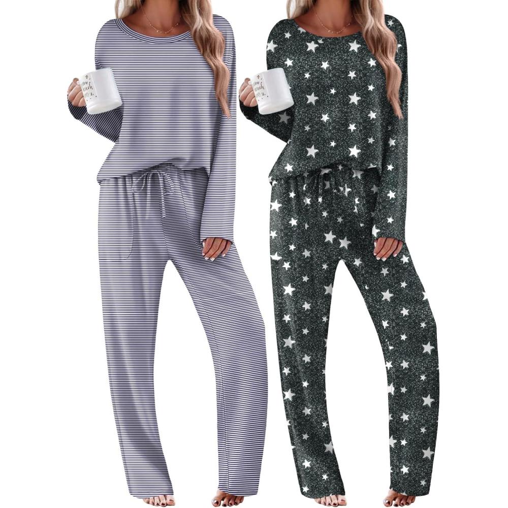imageEkouaer 2 Pack Womens Pajama Sets Long Sleeve Sleepwear Long Pants Loungewear Soft Pjs Set with Pockets SXXLDark Grey StarsNavy Striped